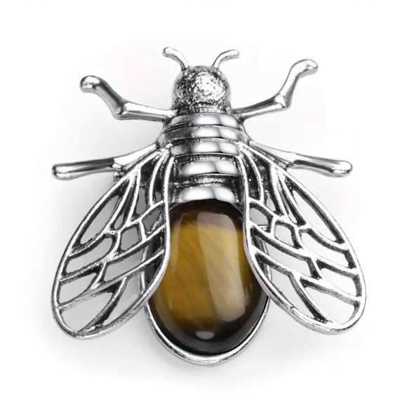 Tiger Eye Stone Bee Brooch Pendant Necklace Healing Gemstone Pendant - Picture 2 of 4